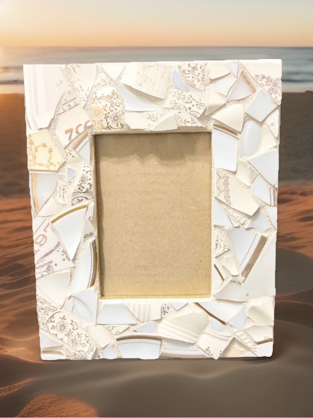 STUNNING Vtg Signed Mosaic Picassiette Bone China Picture Frame 4x6 Gold Cream